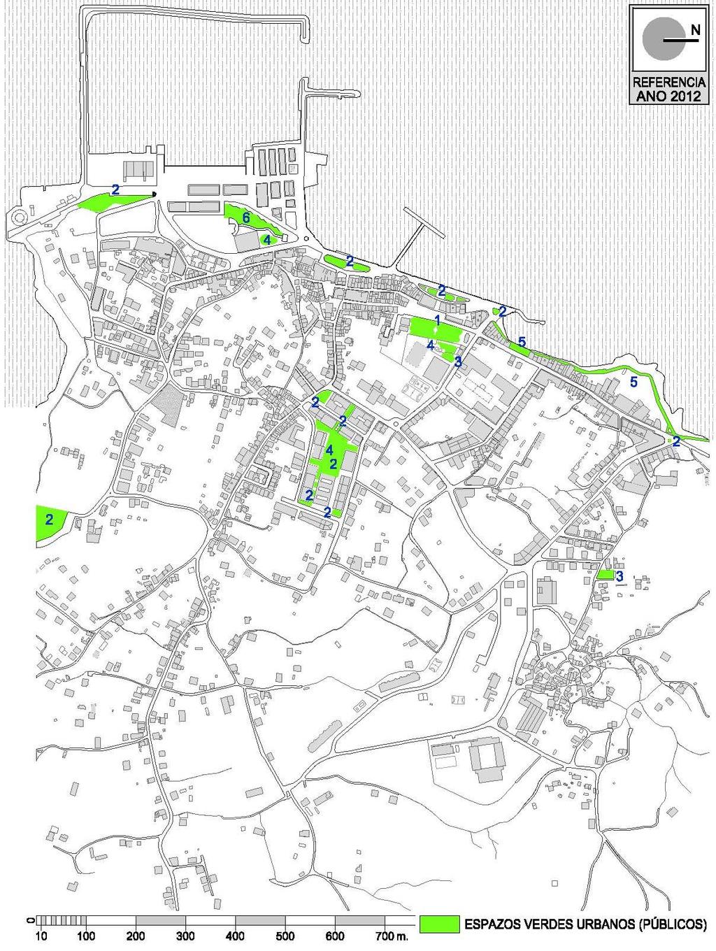Principais aspectos da transformación morfolóxica Rianxo en 2012. Imaxe 152: Plano onde se dispoñen as zonas verdes existentes no ano 2012.