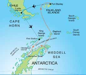 along the Antarctic Peninsula, enters the Weddell Sea where the massive tabular icebergs roam, stops at Elephant Island, central to the Shackleton tale and finishes in the Falkland Islands.