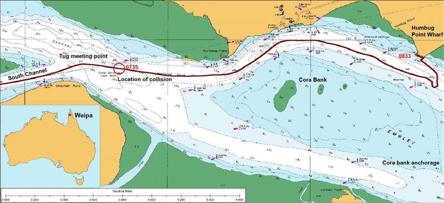 Figure 2: Section of navigational chart Aus 4 showing Thorco Crystal's track Source: Australian Hydrographic Office, annotated by the ATSB At about 0723, the pilot informed the tug masters that once