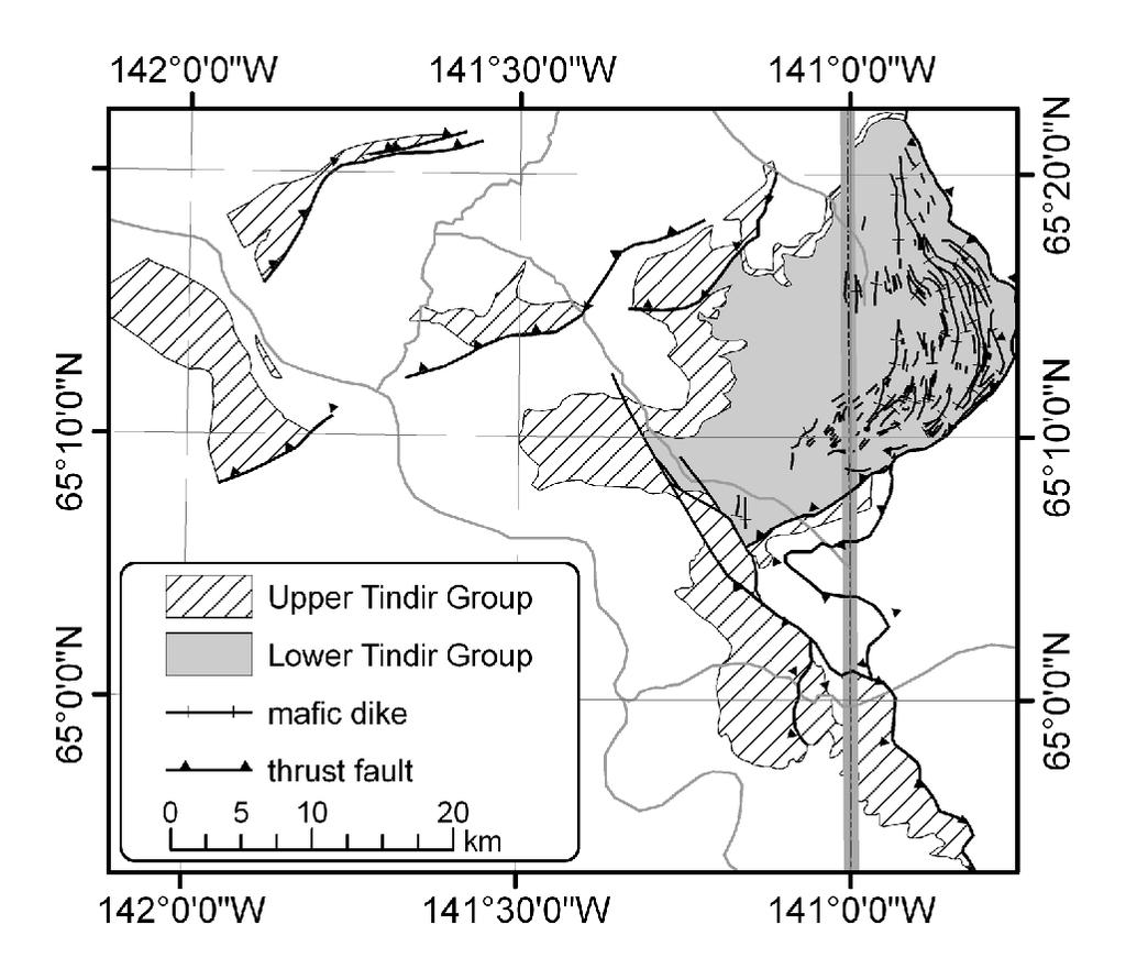 DR2010028 Figure DR1 - Location map of the Tatonduk Inlier with inset of geological map of the Tatonduk Inlier modified from Brabb & Churkin (1969) and Van Kooten et al.
