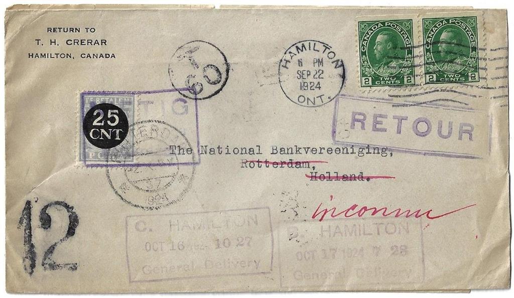 Item 266-25 10 UPU to Holland shortpaid 1924, 2 (2) Admiral tied by Hamilton machine
