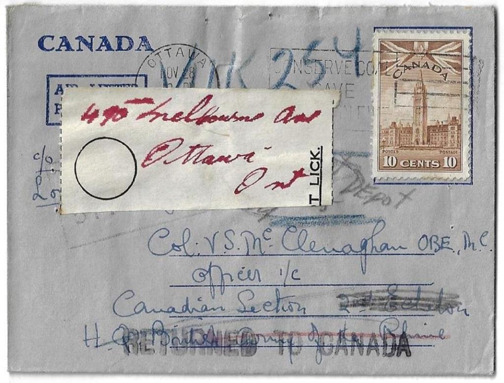 00 SOLD Item 266-32 To Canadian Colonel in France 1945, 10 Parliament tied by Ottawa machine cancel on air
