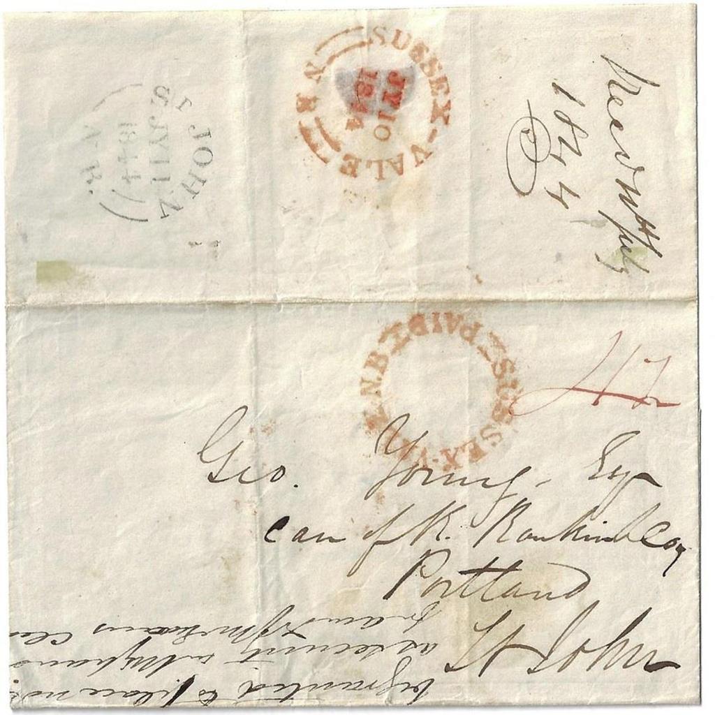 Item 266-35 Sussex Vale NB Paid 1844, stampless folded cover from Sussex Vale NB rated