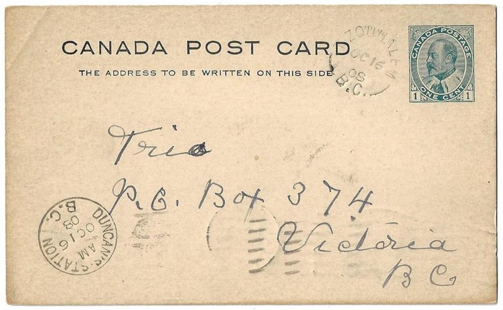 Item 266-39 Tzouhalem BC RF E 1908, 1 Edward stationery card
