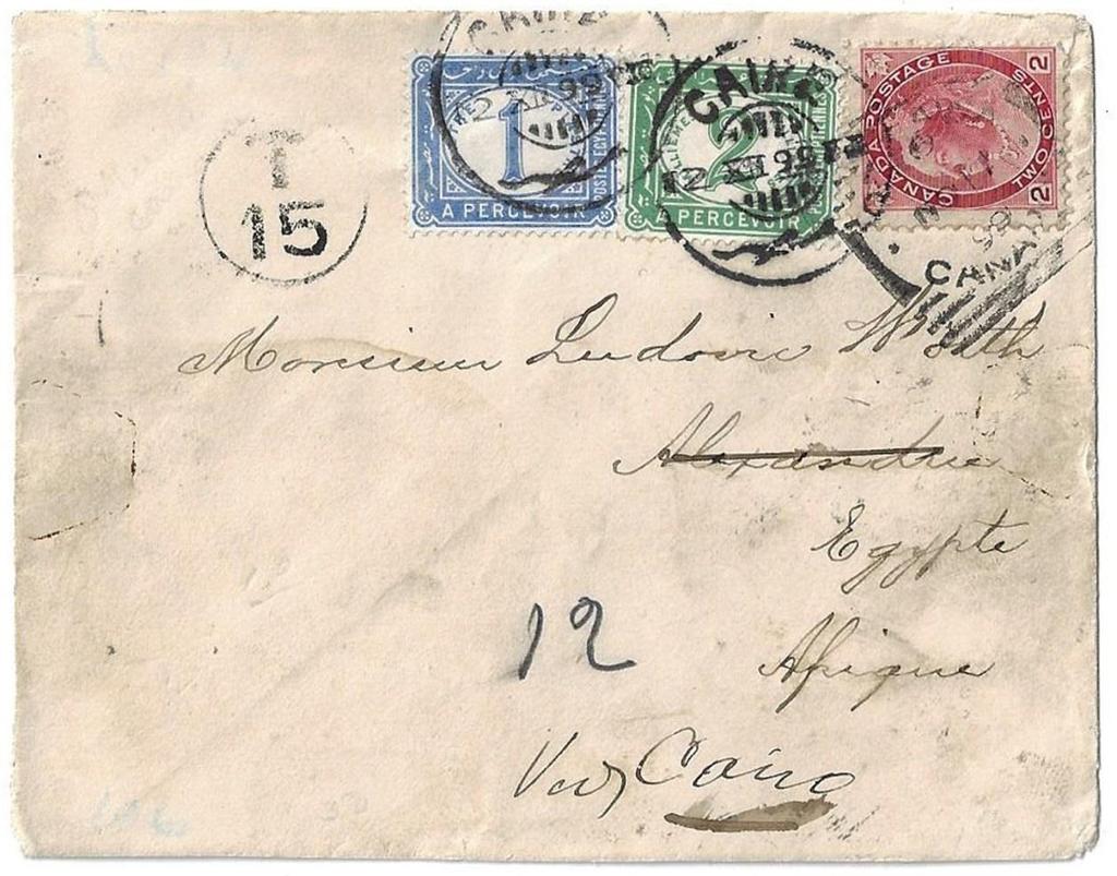 Item 266-40 5 UPU to Egypt underpaid 1899, 2 Numeral (die 1) tied by Ottawa squared circle on cover underpaying 5 UPU letter rate to Alexandria Egypt (b/s), redirected to Cairo.
