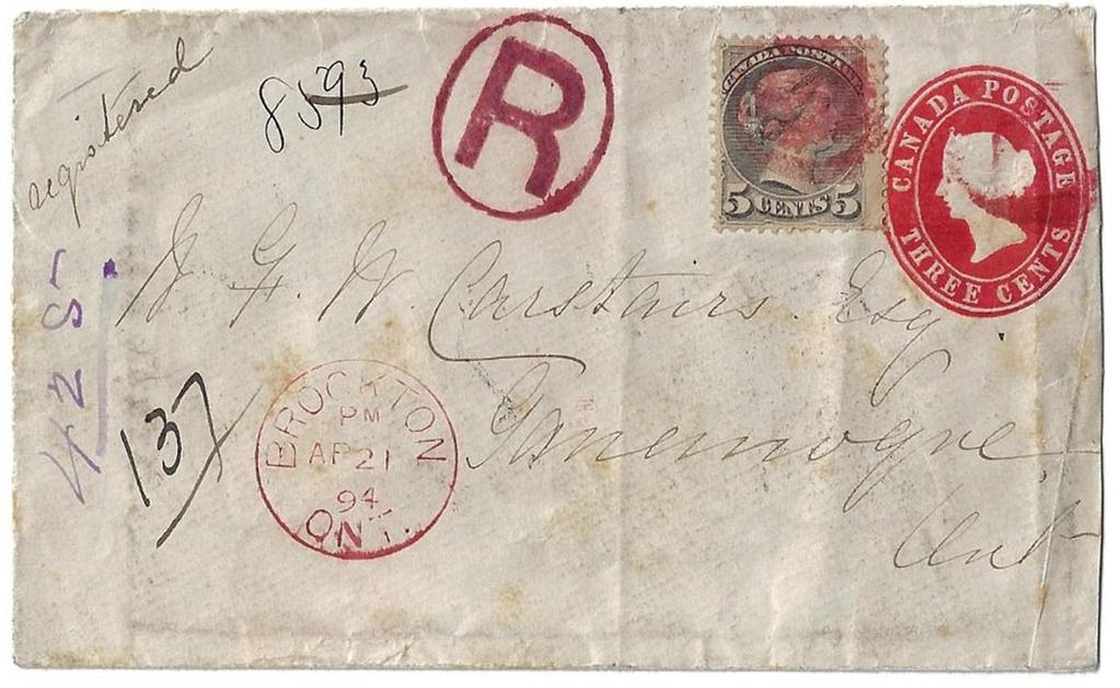 Item 266-04 Brockton Ont (York) in red ink 1894, 5 SQ tied by cork cancel struck in red on reduced at right 3 PSE paying 8 registered letter