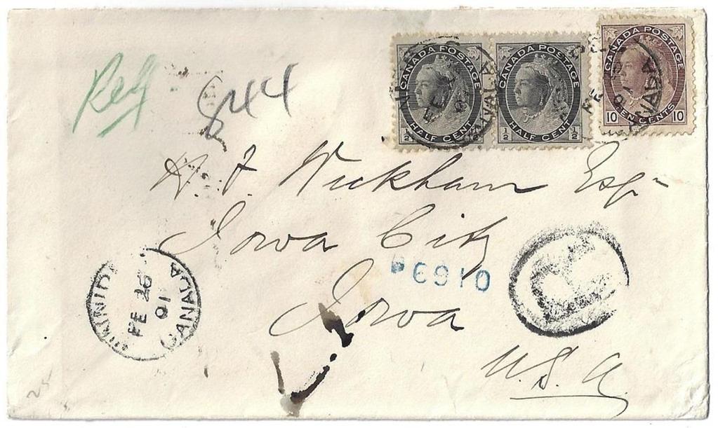 $150.00 Item 266-09 11 triple weight registered to US 1901, ½ (2), 10 Numeral tied by Winnipeg Man cds on Bank of BNA cover (reverse with lovely