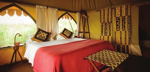 Each spacious tent offers cozy bedding, solar lighting, and an en suite bathroom with pump-flush toilet.