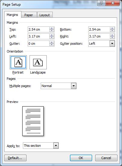 Slika 4.10 Prozor za podešavanje margina stranice Page Setup/Margins Unutar prve kartice Page Setup dijaloga sa Top, Down, Left i Right podešavamo gornju, donju, levu i desnu marginu, respektivno.
