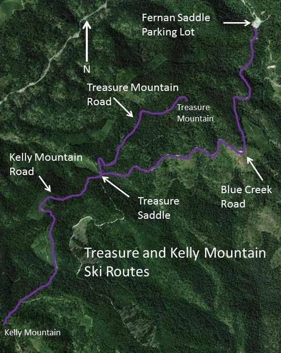 Four roads come together on Treasure Saddle with the Blue Creek Road being the sharp left. The Treasure Mountain Road is the one to the furthest right going uphill to the north.