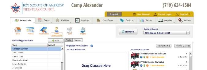 61 A B C A Click the Classes Tab a er you have selected the scout you wish to register for classes. B Once you have clicked the Classes tab, a list of Merit Badges will appear on the right hand side.