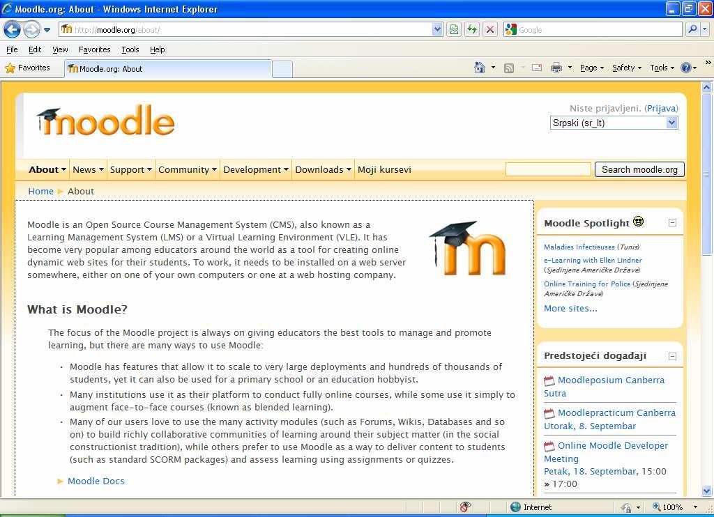 Moodle Jedna od najpoznatijih aplikacija za izradu online kurseva je softverski paket pod nazivom Moodle.
