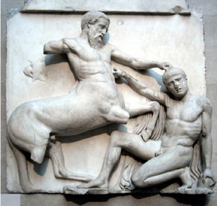 4 1801 1812 The Elgin Marbles! Many of the Parthenon's marble friezes depict scenes from Greek legends. Here, a centaur battles a mythological fighter.
