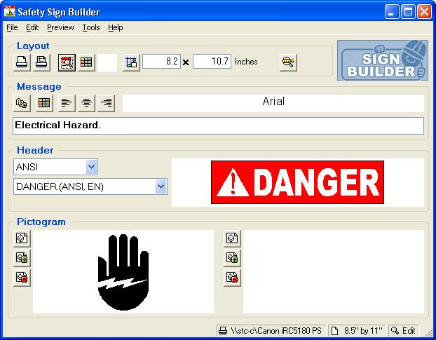 The edit window will now display the selected pictogram. To preview the updated sign, click on the Preview Sign button. Now the sign includes the selected header, pictogram and message.
