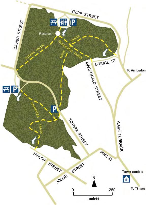 The walks in the forest may be extended by connecting with Timaru District Council walkways. Kahikatea Track 683 metres, 10 minutes This track connects Hislop Street with Totara Street picnic area.