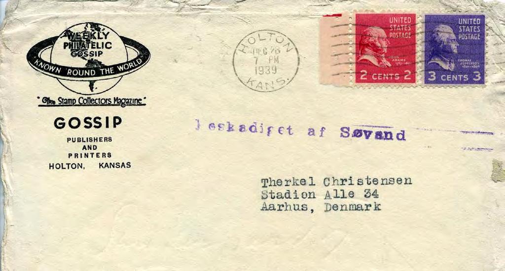 Hand Stamp, February 1940: Translation, Damaged by Seawater Danish ship Vidar was first vessel sunk in World War II to have any mail salvaged.