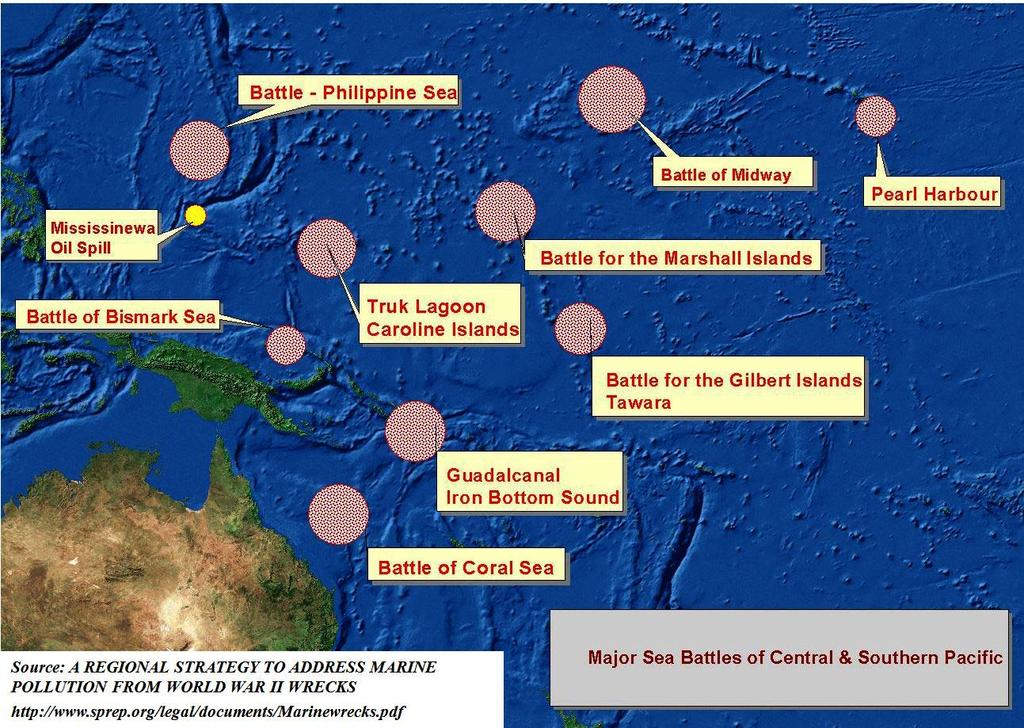 Global Green USA The figure below shows major sea battles and the accidents of oil spilling in the South West Pacific Ocean. Japanese and U.S. sunken battle ships are mainly around the battle area.