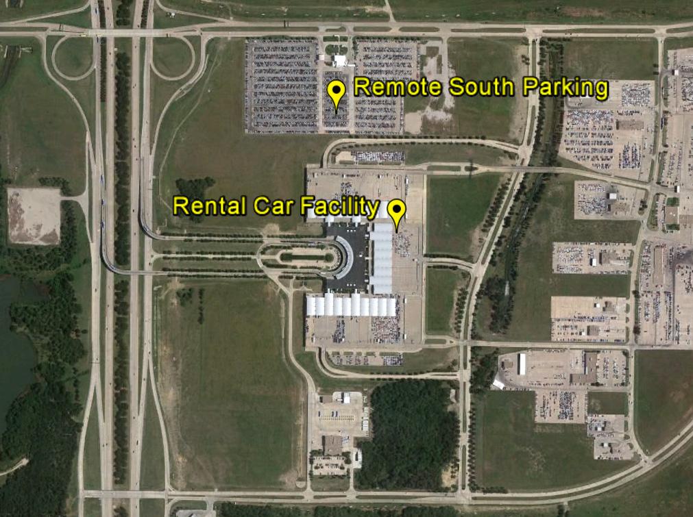 Figure 58 DFW Remote South Parking and Rental Car Facility Source: Google Earth Other factors that may help determine the most appropriate routing for the DFW-TRE Shuttle include the future funding