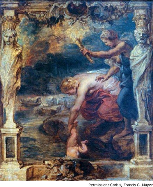 Thetis is depicted in this painting dipping her son Achilles in the River Styx, by Flemish artist Peter Paul Rubens (1577 1640).