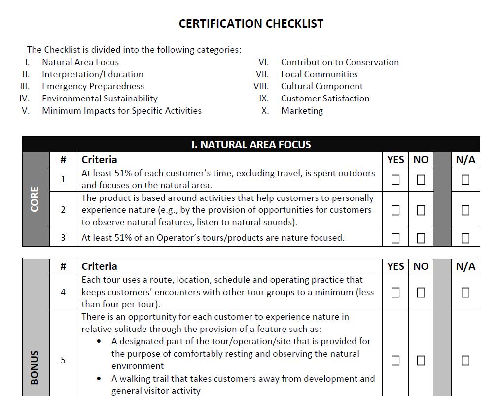 Florida SEE Certification Program: Utilizes a checklist tool that is completed by the Ecotour Provider and Florida SEE.