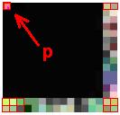 Slika b) prikazuje početno stanje algoritma, pri čemu su pikseli koji će se pokazati nevažnim za naš algoritam obojani crno.