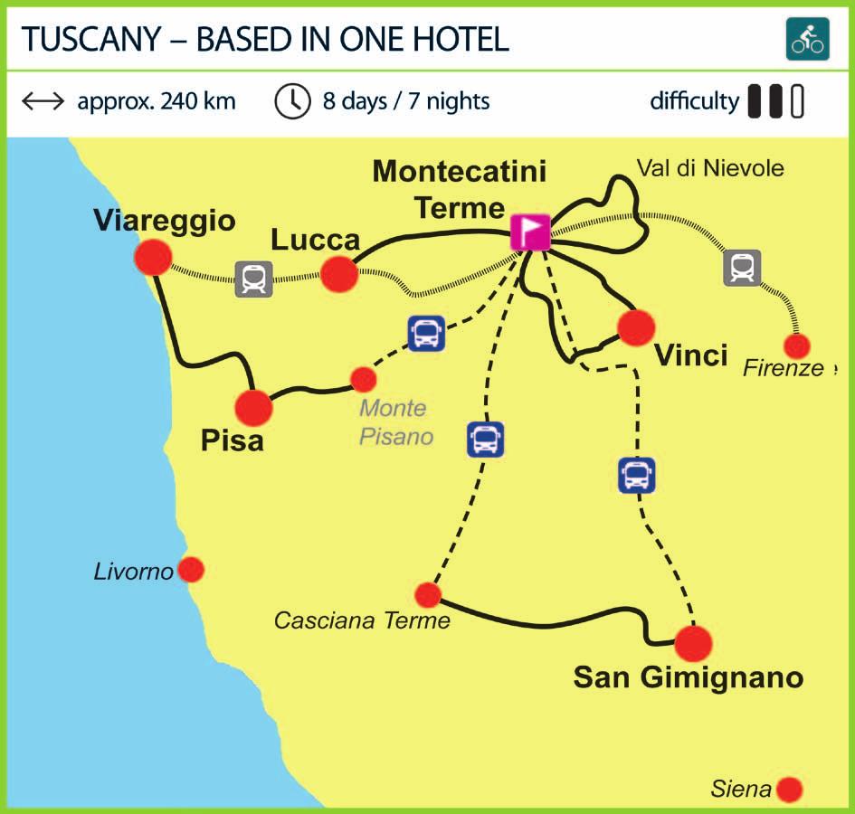 back into your comfortable wellness hotel. Characteristics of the route Tuscany that is marvellous and hilly countryside.