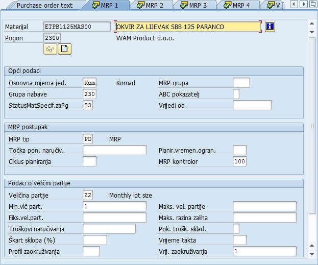 Slika 3.12 Transakcija MM02 i maska MRP 1 [5] Na njima se nalaze informacije o mjernoj jedinici (polje Osnovna mjerna jed.), statusu artikla (StatusMatSpecif.