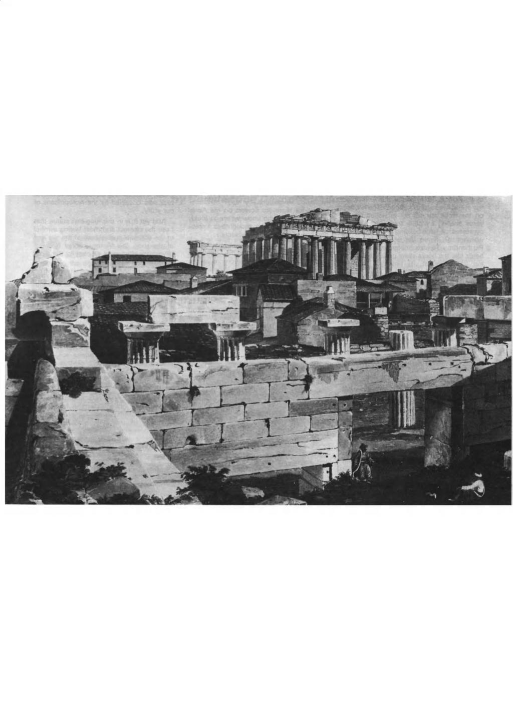 A cluster of roofs surrounds the blasted shell of the Parthenon in this early 19th-century depiction of the Acropolis by the English traveller Edward Dodwell.
