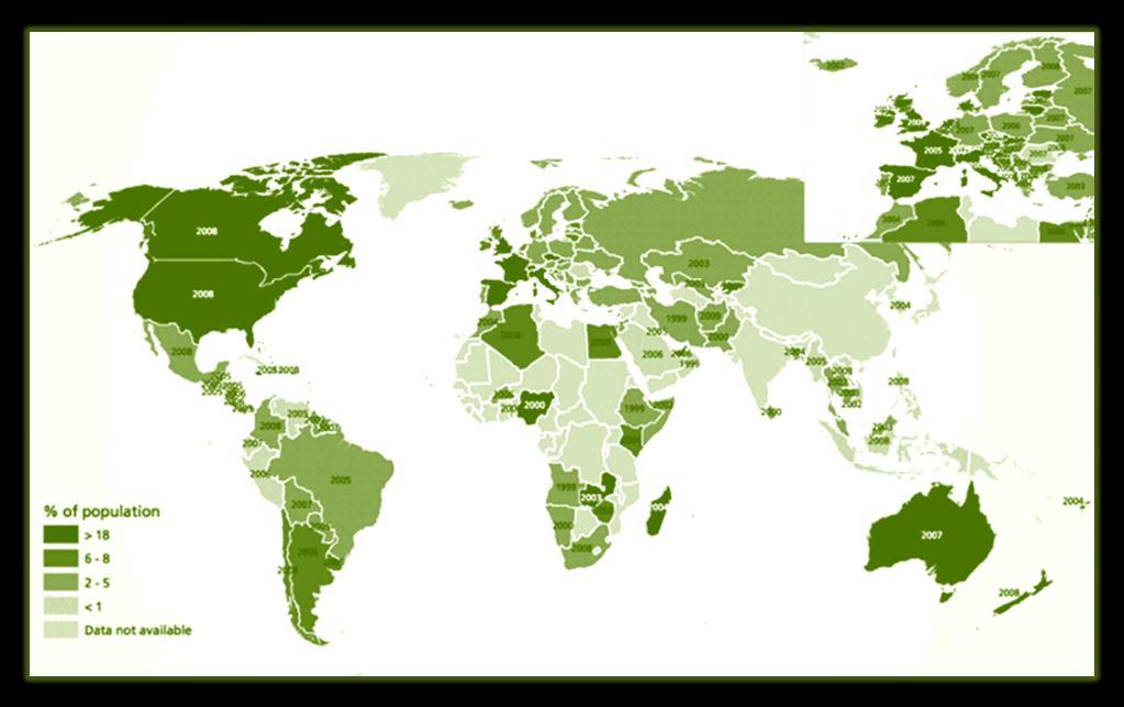 Slika 4: Razširjenost uporabe indijske konoplje po svetu delež uporabnikov Vir :World drug report 2011. The cannabis market str.177.
