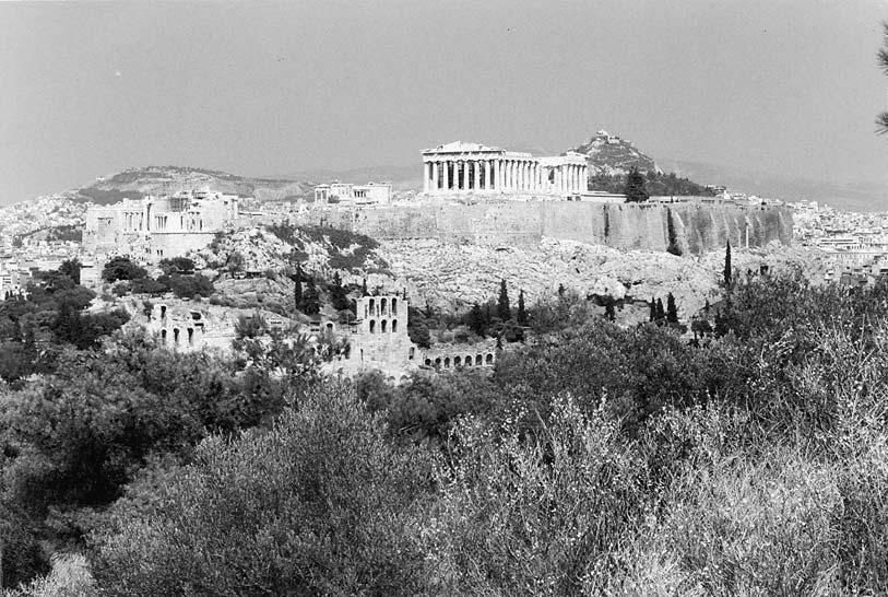 2 The Acropolis in the Age of Pericles 1. View of Acropolis from southwest; Mt. Lykabettos is seen in the distance, to the right of the Parthenon. Photo: author.