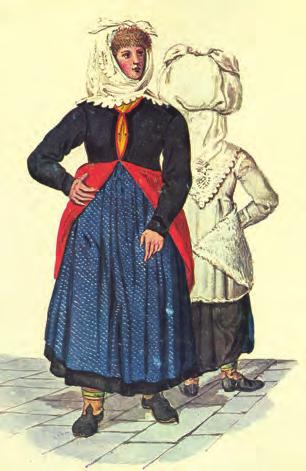 Goldensteinova upodobitev žene iz okolice Ljubljane v prvi polovici 19. stoletja. Perice iz Bizovika so tako nosile svojim strankam oprano perilo v culi na glavi.