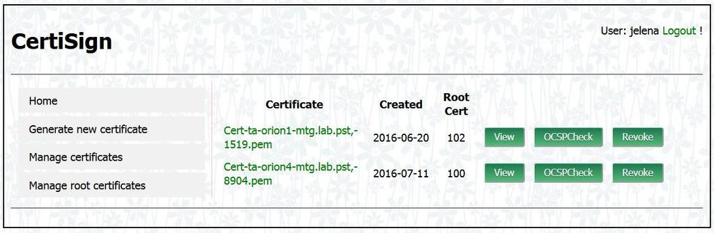 Slika 4.4.3. Stranica za upravljanje izdatim sertifikatima Slika 4.4.4. Stranica za upravljanje sertifikatima sertifikacionog tela 4.5.