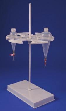 Imhoff Cone and separatory Funnel rack Chemical Resistant and Fully Adjustable This high-density polyethylene rack holds four separatory funnels up to 98mm (3 7 8") in diameter on its center shelf.