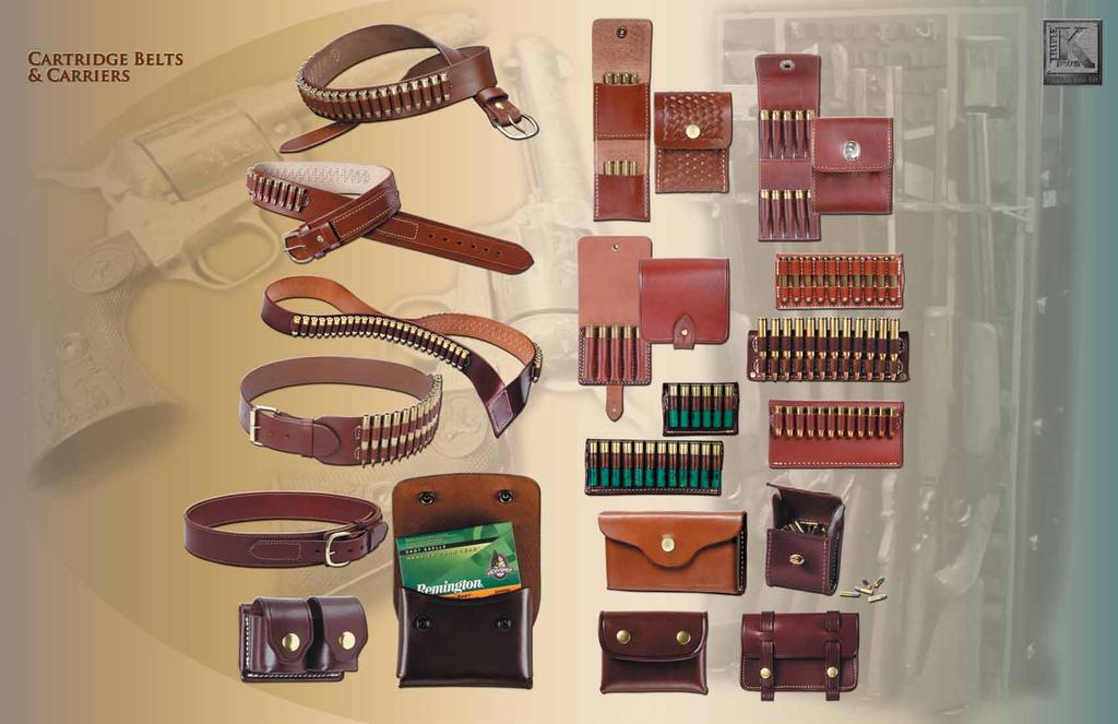 100 Heavy Saddle Leather Pistol Cartridge Belt This belt, made of the finest saddle leather, is 2 wide tapered to 1 ½ at the closing with a Western-style buckle. It holds twenty-five cartridges in.