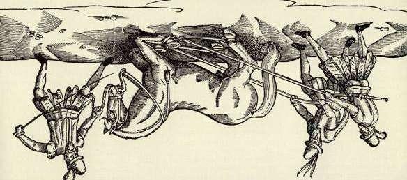 18 Slika 5: Risba iz knjige Federica Grisonea (1570), ki je bil znan po okrutnem odnosu do konj, kaže siljenje konja k počepu na kolena, da bi jahač lahko zajahal (Basche, 2000) Po tem obdobju je v