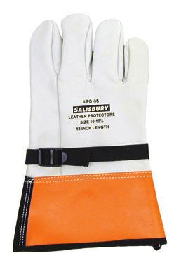 Cuffs are tough leather on the palm side and orange vinyl on the back of the hand.