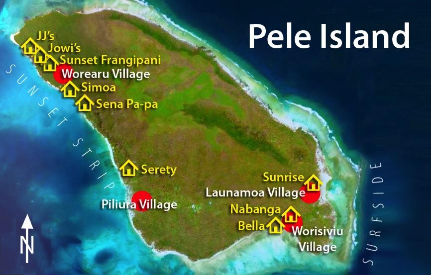 Pele Island Accommodation Map JJ s Bungalow... 772 6476 Jowi s Bungalow... 562 2221 or 590 9491 Sunset Frangipani Bungalow (Enock s)... 534 8534 Simoa Bungalow.