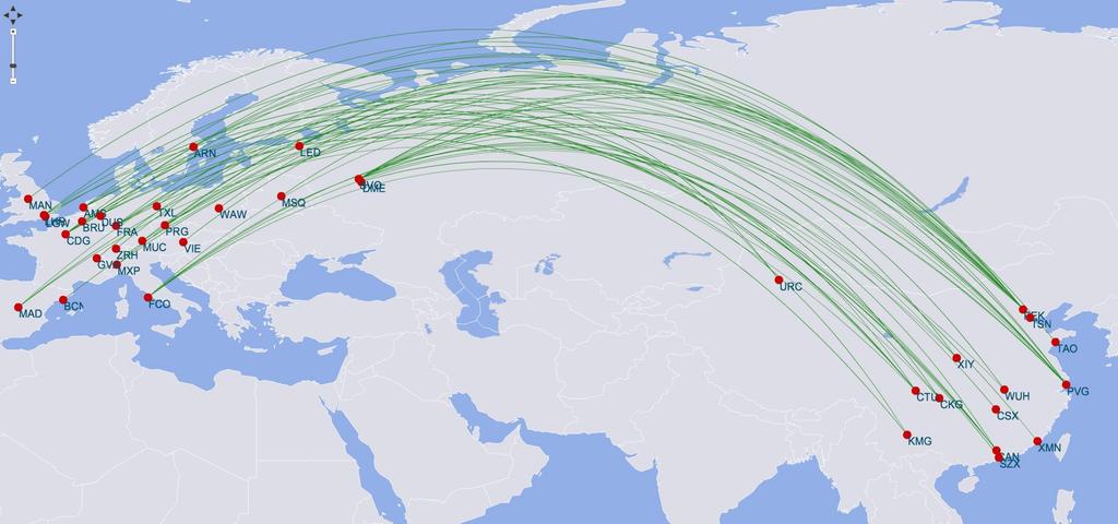 Huge Opportunities for European Airports China-Europe Routes operated by Chinese Airlines in 2017: 59 Routes Origin: Beijing (21), Shanghai (12), Guangzhou (4), Chengdu (3), Xi an(3), Kunming(2),