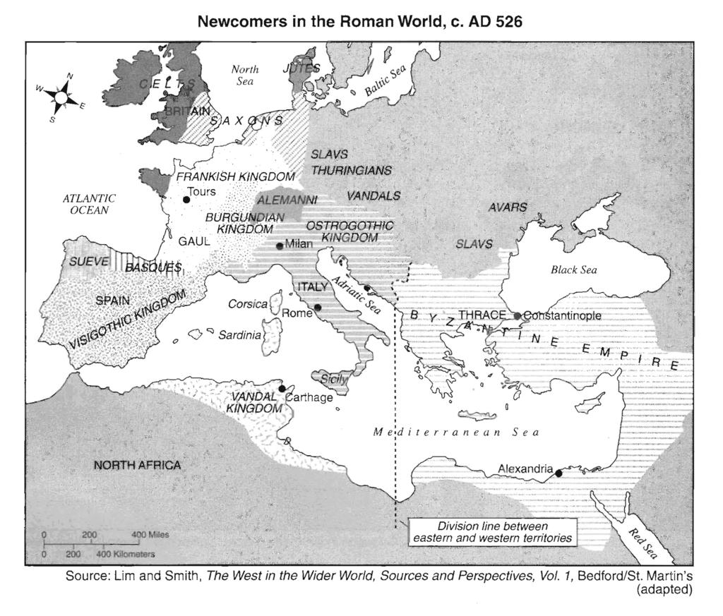 8. Base your answer to the following question on the map below and on your knowledge of social Which conclusion about the Roman world around AD 526 can be drawn from the information on this map?