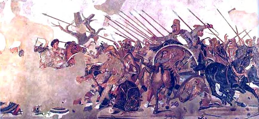 The Battle of Issus. Roman mosaic of a Greek fresco. Only uses 4 colours - red yellow, white and black.