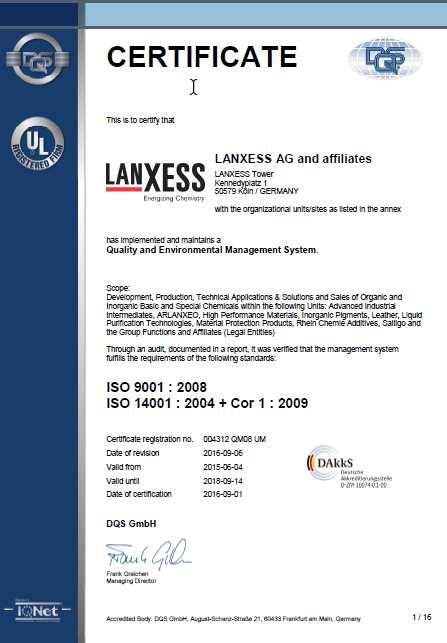Certificate of Comparability / Lanxess Quality