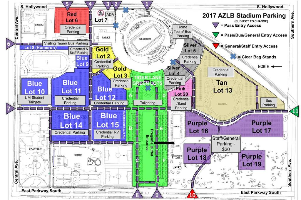 STADIUM PARKING MAP Red, Gold and ADA Lots best to use Access 4 on Hollywood Blue and RV Lots best to use Access 7 on Central Tiger Lane best to use Access 8 or 9 on