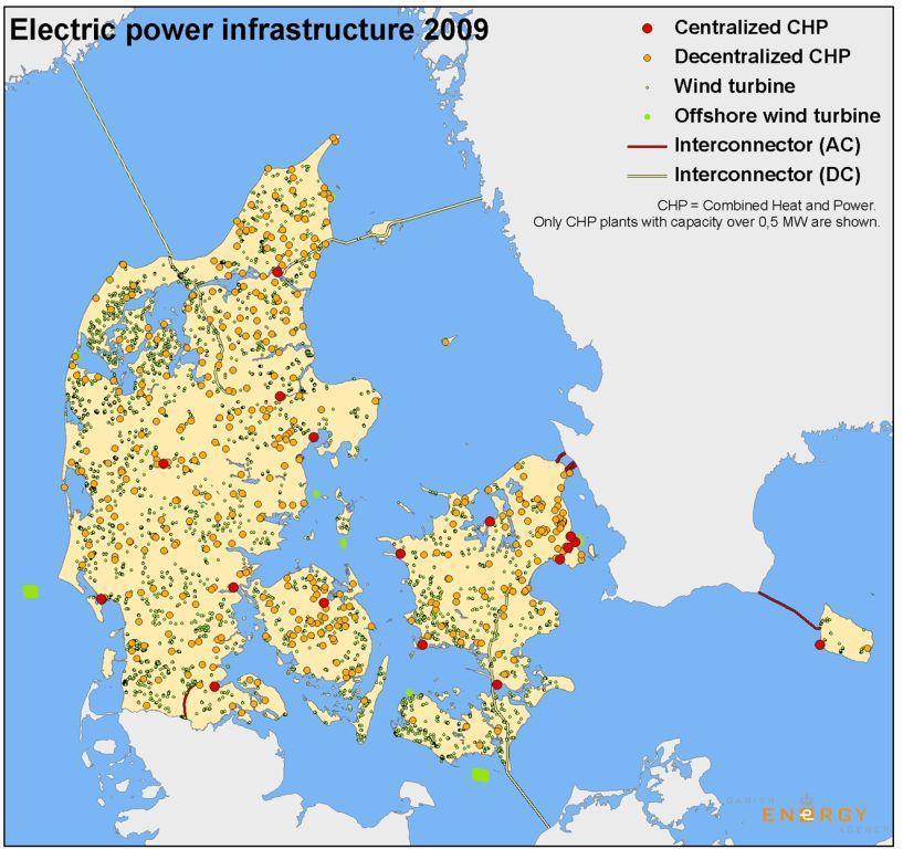 Slika 6. Stanje kogeneracijskih (CHP) postrojenja u Danskoj 1985. godine. Izvor: http://www.ens.dk/en/info/facts-figures/energy-info-maps/download-premade-maps, pristupljeno 10.06.2014.