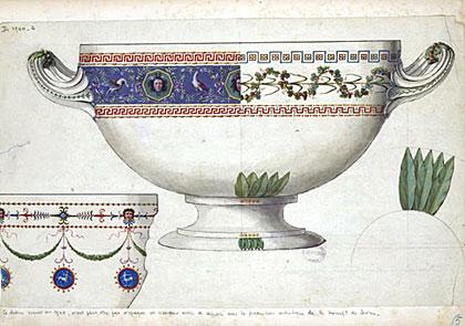 Louis Le Masson design for a pot à oille, Arabesque Service Sèvres pot à oille Arabesque Service (1782-84) The display includes a Sèvres pot à oille from the Arabesque Service, 1782-84, and designs