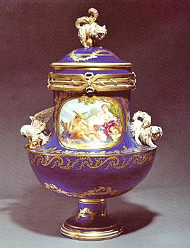Sèvres vase Angora, 1772 The pair of blue-ground vases mounted in gilt-bronze as ewers of 1782-85, with mounts possibly by Duplessis or Thomire, and the extraordinary pair of vases of 1782-84 mounted
