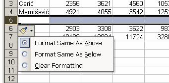 Izaberite opciju Format Same As Above da biste na svaku ćeliju novog reda primijenili isto formatiranje kao u ćeliji koja se nalazi neposredno iznad, u redu 4. 6.