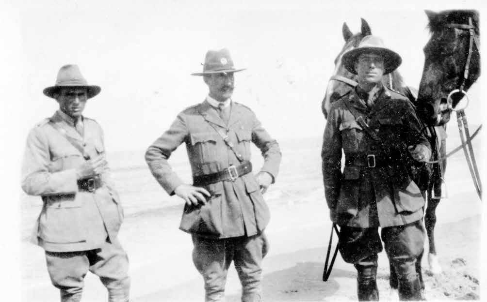 John (left) Stan Wright and Dutchy Holland, Rafa Beach March 1919. 7 December 1918 Unloading horses. Went off by myself. 150 of those on shore walked to Anzac.