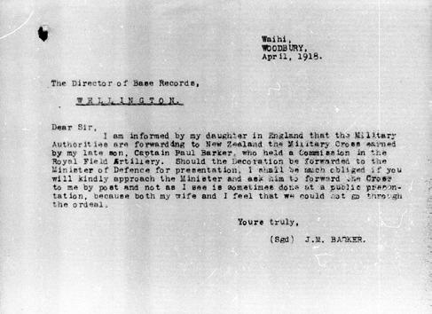 Letter from John Matthias Barker asking that Paul Barker s Military Cross should not be presented at a public ceremony.