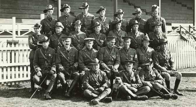 The original Officers of the Canterbury Mounted Rifles at Addington Show Grounds, Christchurch August 1914. Back row: Lts L Chaytor, Taylor, Barker, W Deans, F Gorton, Hayter, D S Murchison.