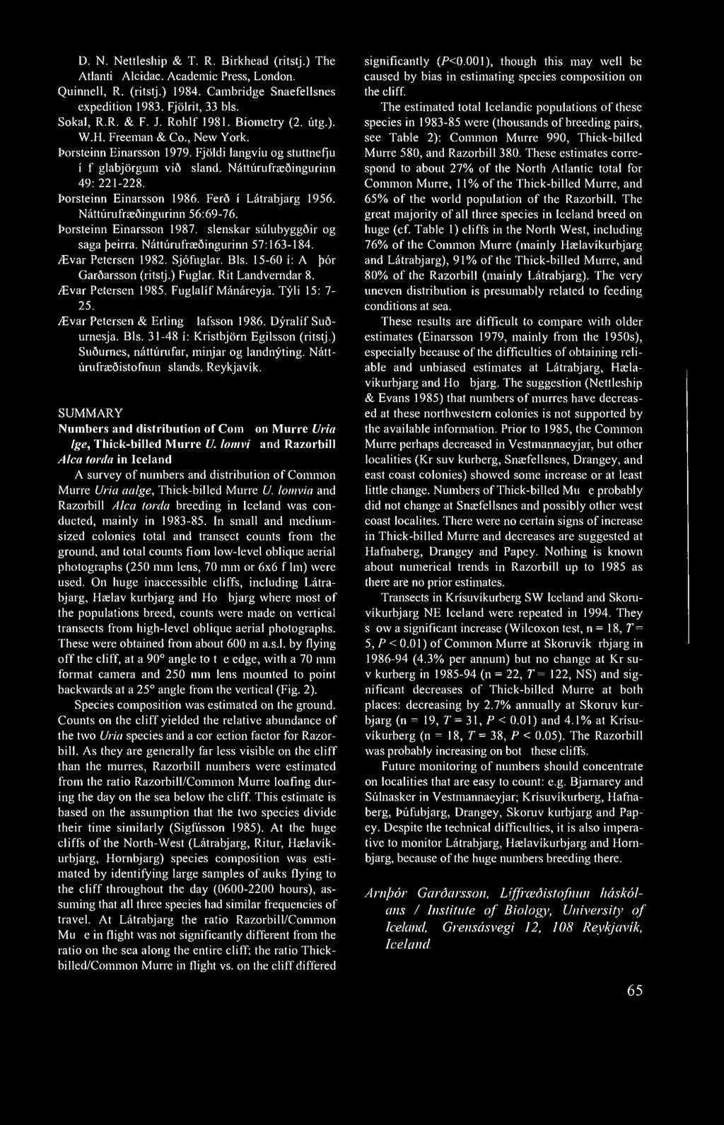 D. N. Nettleship & T. R. Birkhead (ritstj.) The Atlantic Alcidae. Academic Press, London. Quinnell, R. (ritstj.) 1984. Cambridge Snaefellsnes expedition 1983. Fjölrit, 33 bls. Sokal, R.R. & F. J.